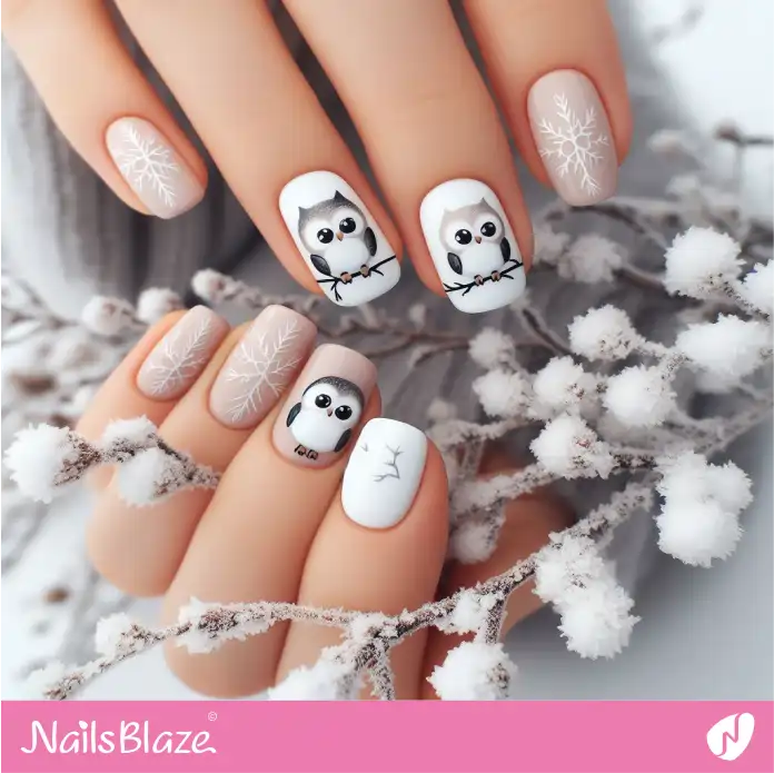Short Winter Nails with Snowy Owls Design | Polar Wonders Nails - NB3128